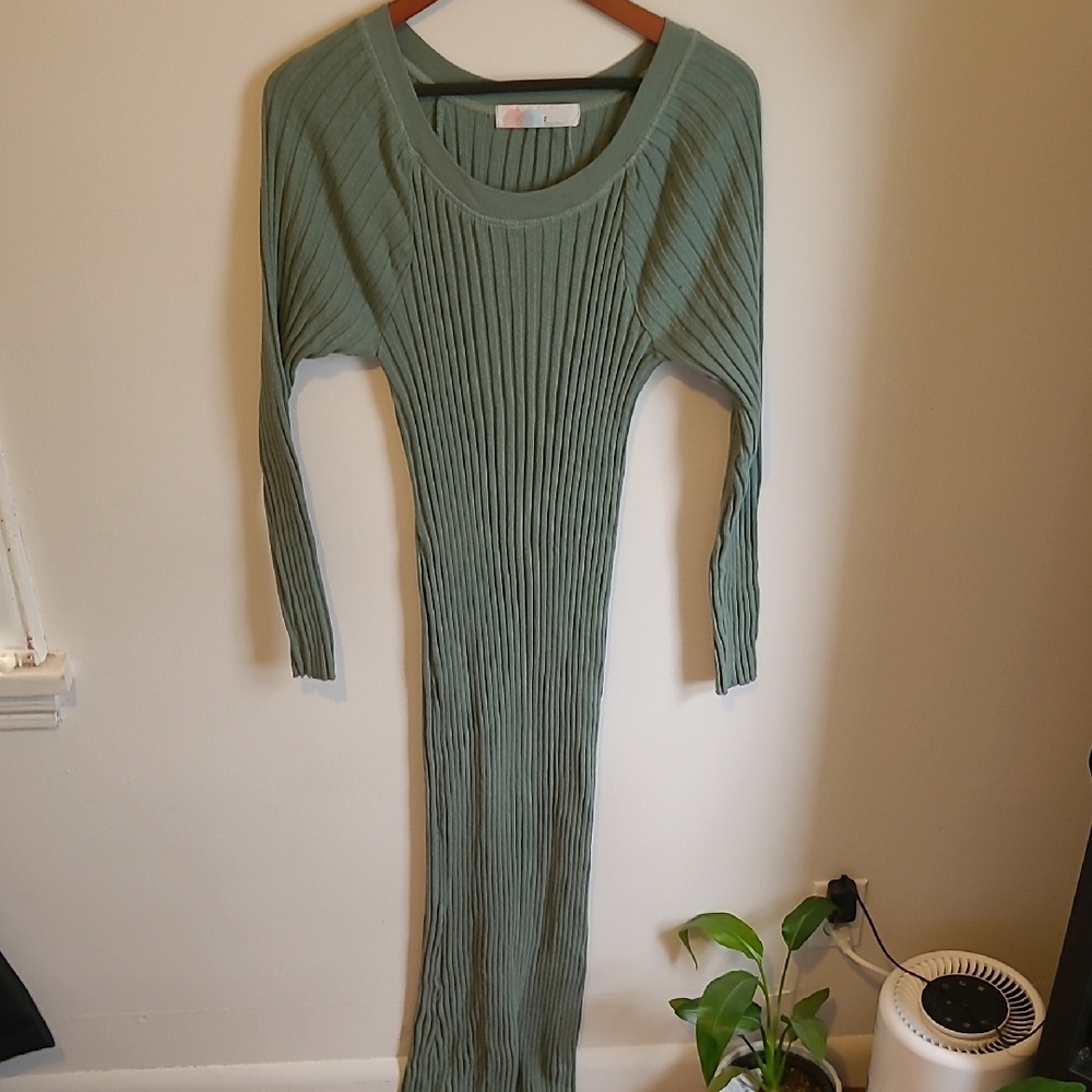 Sage Green Ribbed Free People Beach Long Sleeve Dress